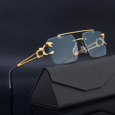 Luxury Panther Rimless Sunglasses – Gold Frame with Black Lens (Unisex)Men & Women