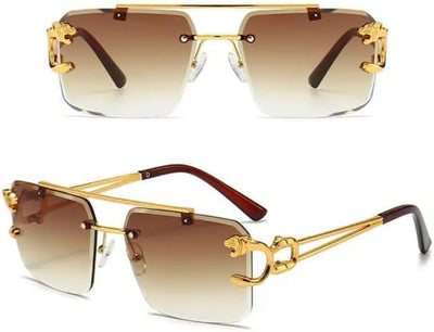 Luxury Panther Rimless Sunglasses – Gold Frame with Black Lens (Unisex)Men & Women