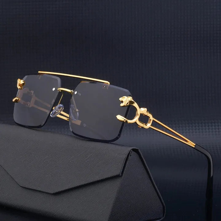 Luxury Panther Rimless Sunglasses – Gold Frame with Black Lens (Unisex)Men & Women